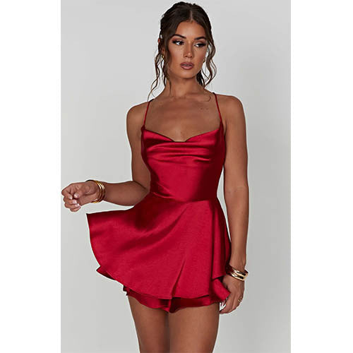 Summer new  slimming backless solid color halter dress culottes