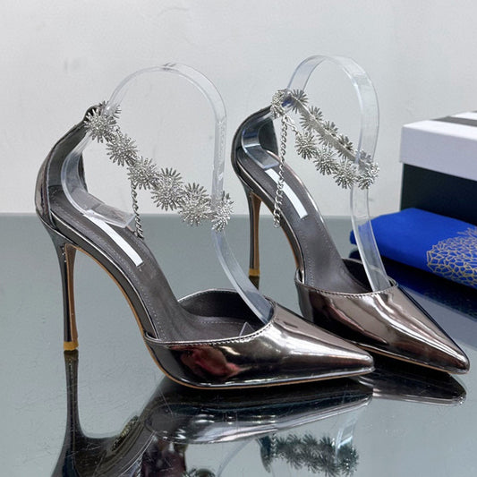 Spring and summer new satin pointy high heels with hollow line with diamond chain fashion women's sandals