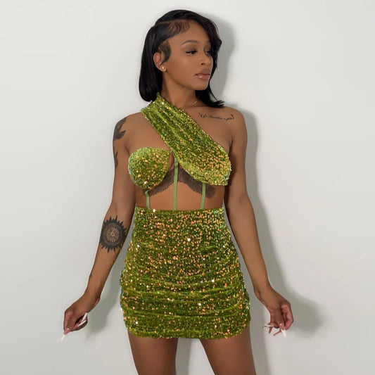 Green sequin mesh perspective oblique shoulder backless chest wrap pleated hip skirt Wish dress