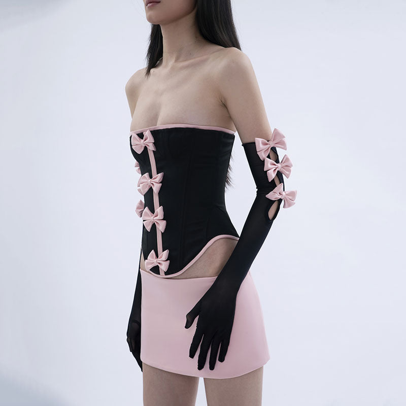 European and American women's two-piece binding backless skirt irregular dress bow suit sexy hollowed out short skirt