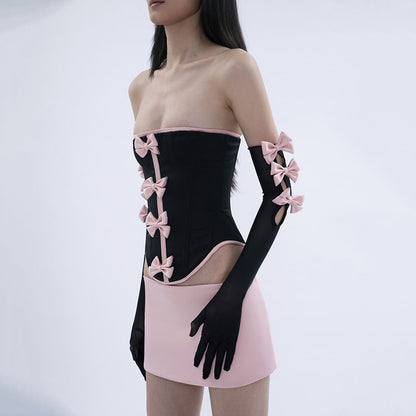 European and American women's two-piece binding backless skirt irregular dress bow suit sexy hollowed out short skirt