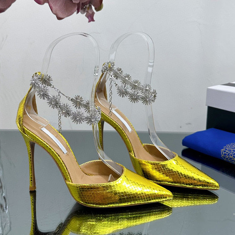 Spring and summer new satin pointy high heels with hollow line with diamond chain fashion women's sandals