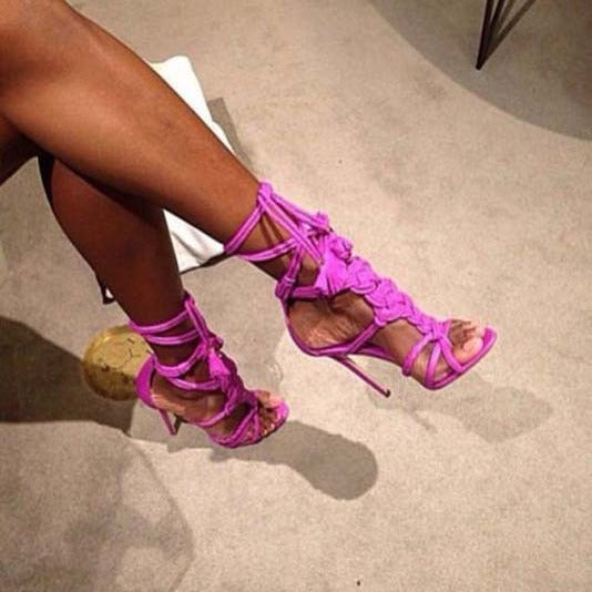 Bed Straps High Heel Sandals  Rope Knot Cut Outs Summer Shoes Lace-up Stiletto Heels Gladiator Sandals Pink Brown Green