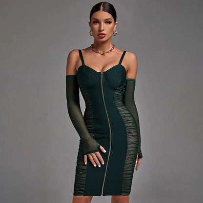 Net perspective pure desire Spice Girl strapless long sleeve halter hollow lace pleated dress sheath super spicy