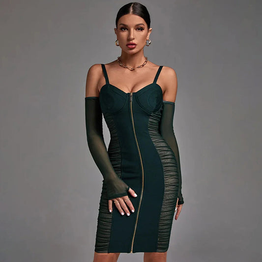 Net perspective pure desire Spice Girl strapless long sleeve halter hollow lace pleated dress sheath super spicy