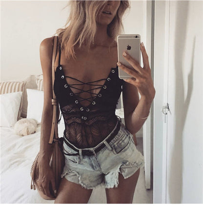 sexy cross see-through onesie solid color lace, backless