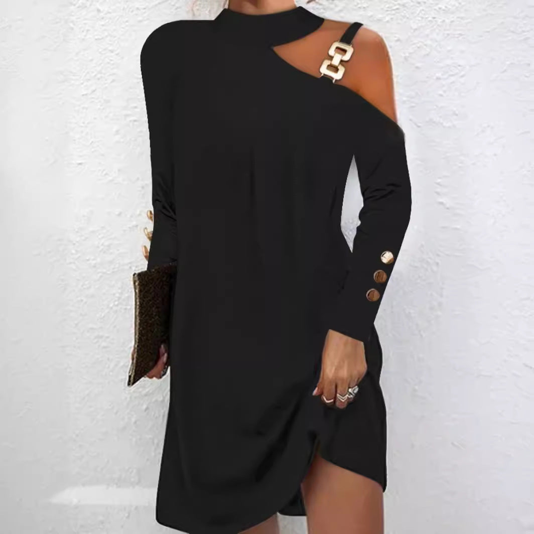 Simple metal "L" halter button dress women's dress