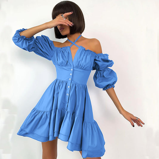 Halter-neck square collar bubble sleeve summer dress