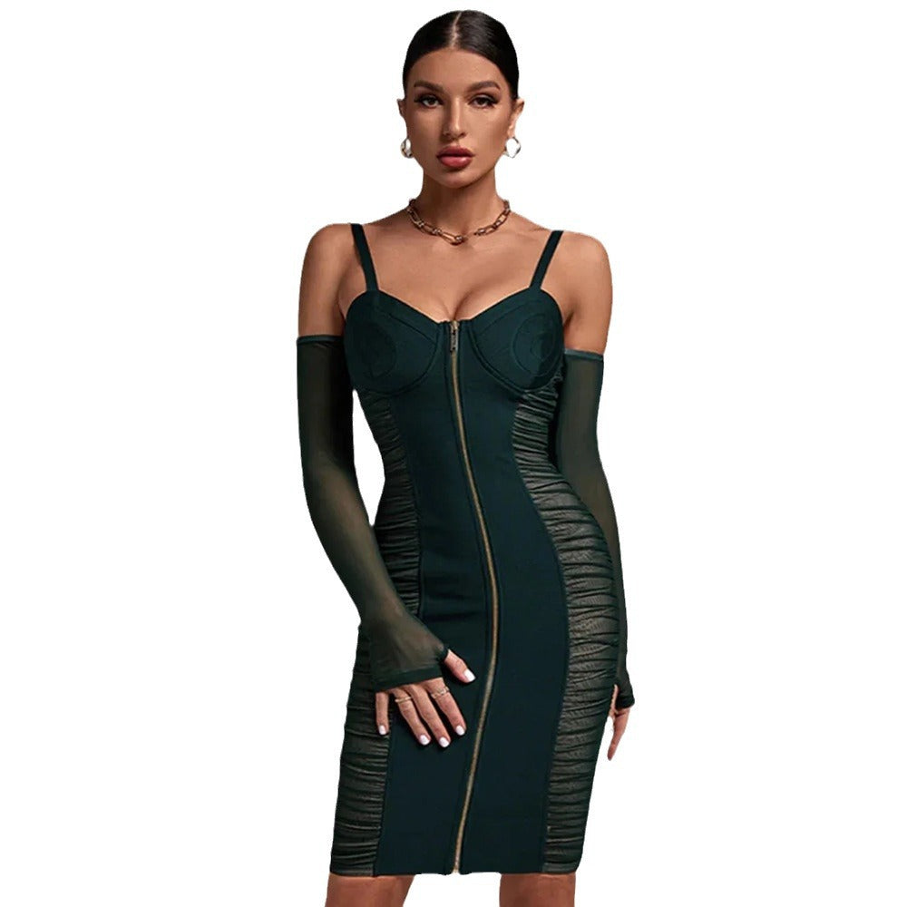 Net perspective pure desire Spice Girl strapless long sleeve halter hollow lace pleated dress sheath super spicy
