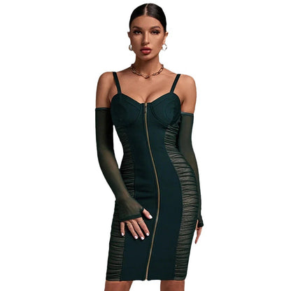 Net perspective pure desire Spice Girl strapless long sleeve halter hollow lace pleated dress sheath super spicy