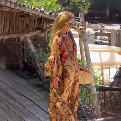 Summer new V-neck fashion print long-sleeved loose dress for women