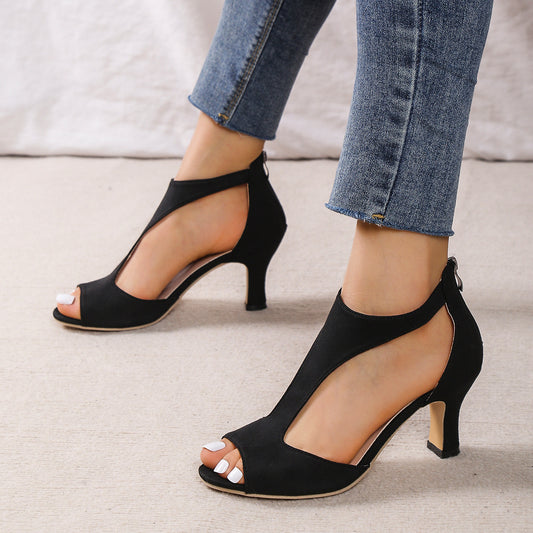 Simple and stylish back zipper bag with fish mouth shoes women's summer plus size side empty skinny heel Roman sandals