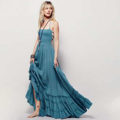 Hot women's backless Bohemian beach dress cotton slip dress
