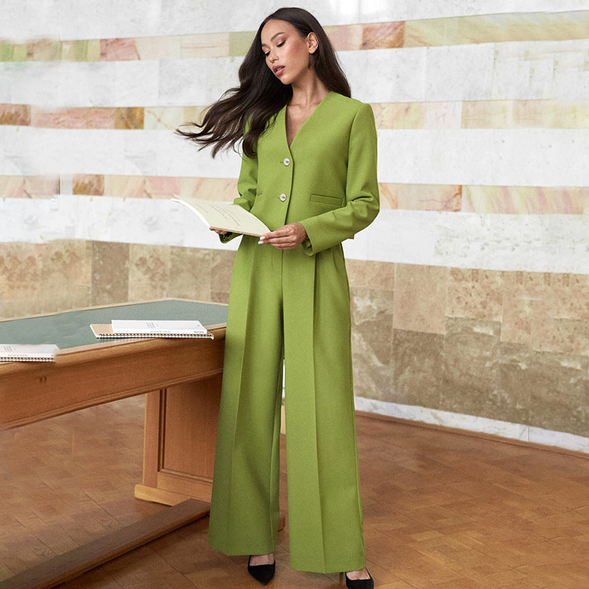 Green V-neck commuter casual women's suit New fall fashion women's two-piece set