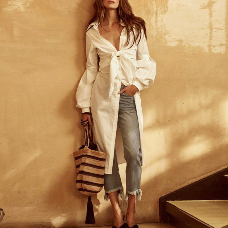 Sexy shirt dress new spring fashion women's white lantern sleeve mid-length dress women