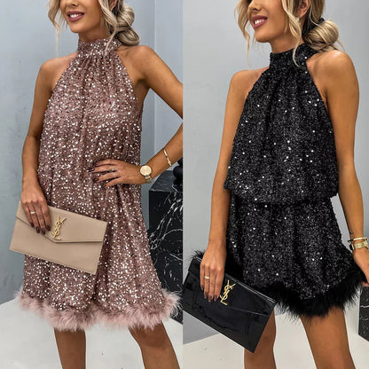 New party sequin halter fashion dress Casual lace-up sleeveless dress