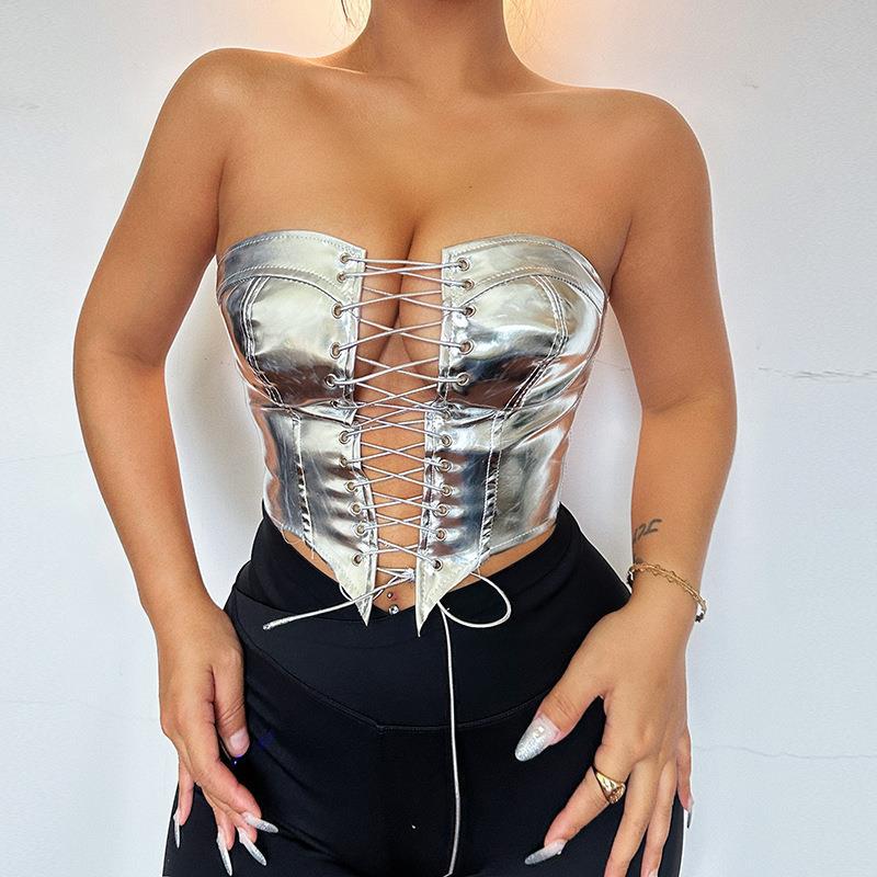 summer new fashion people all fit bright leather strap girded waist with chest vest