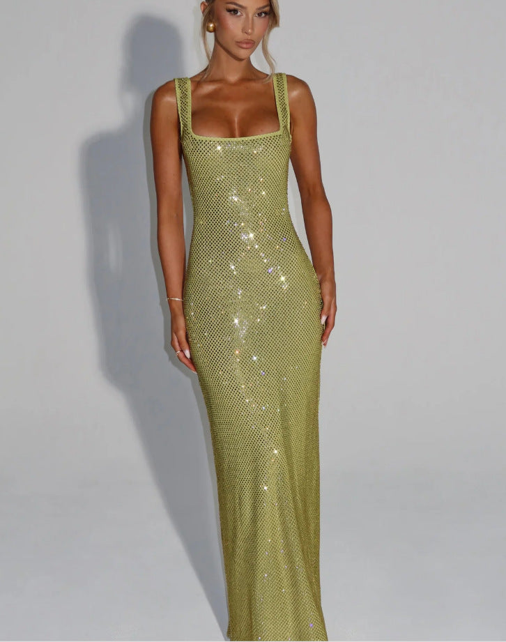 Sequined mesh diamond halter dress with a cinched waist dress