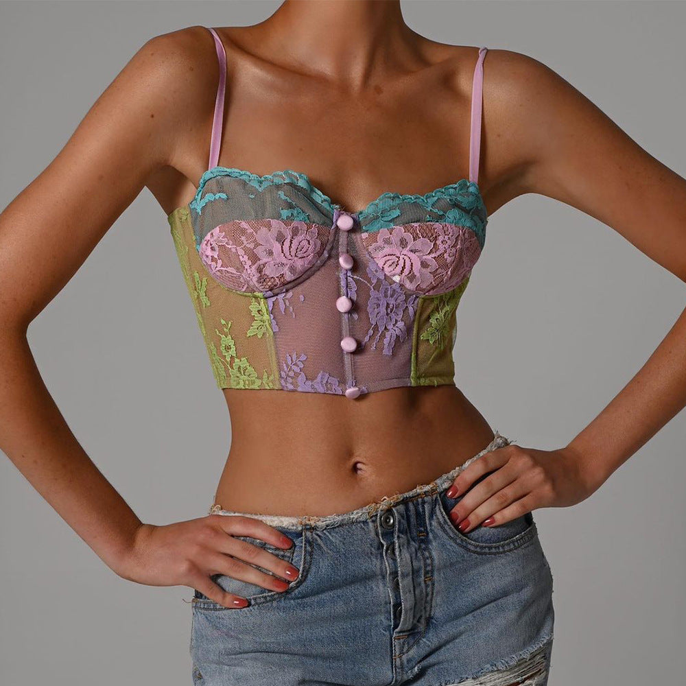 Contrasting color perspective lace embroidered fishbone wrapped chest irregular halter vest party top