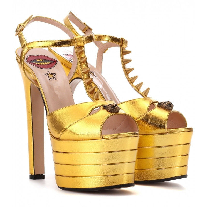 New fashion show round head high heels rivets collocation color hollow large size fish mouth sandals woman