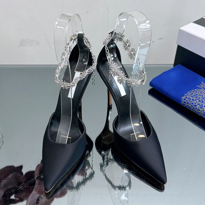 Spring and summer new satin pointy high heels with hollow line with diamond chain fashion women's sandals