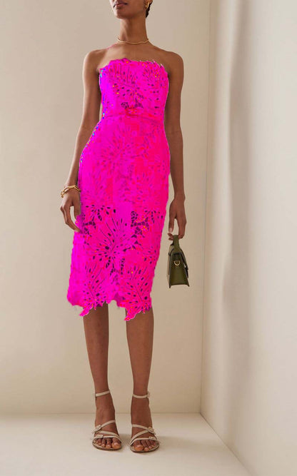Strapless maple Leaf lace belt slim bandage dress