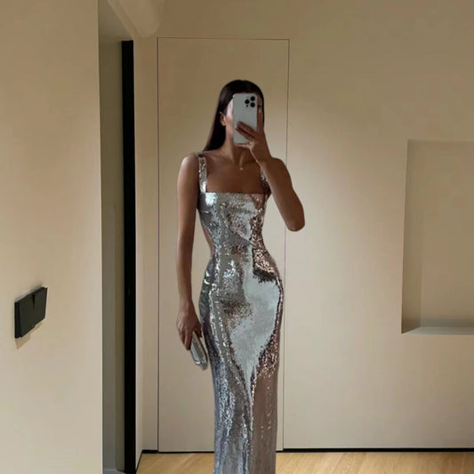 New women's fashion sleeveless sequin halter dress