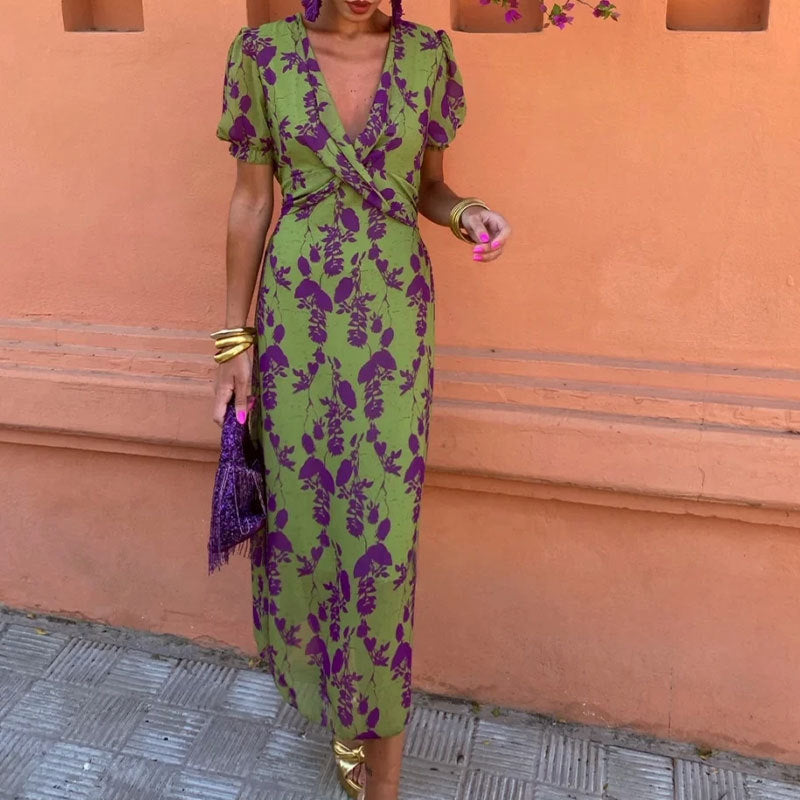 Women's fashion color printed long dress elegant slim V-neck short-sleeve