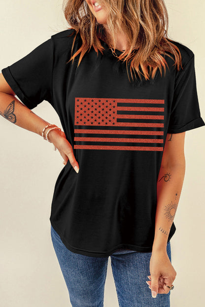 RED USA Flag Round Neck Short Sleeve T-Shirt