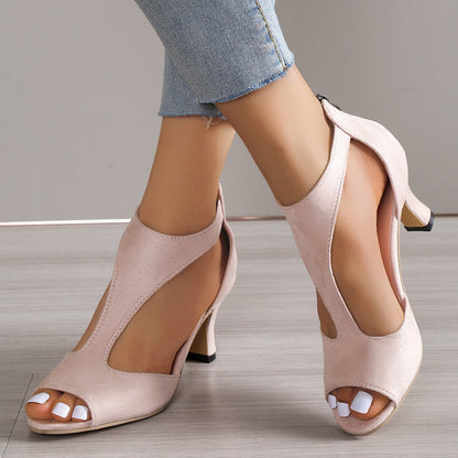 Simple and stylish back zipper bag with fish mouth shoes women's summer plus size side empty skinny heel Roman sandals