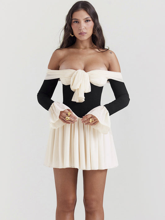 Fashion design sense bow one-line shoulder long sleeve dress women's mesh stitching sexy halter skirt