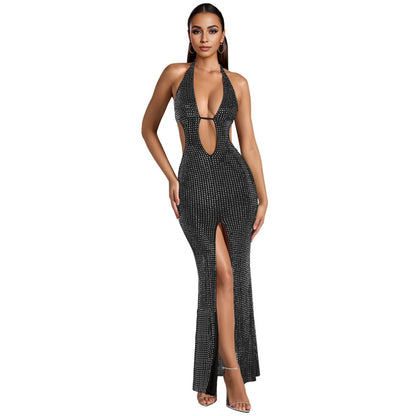 Sleeveless. plunging neck rhinestone split dress