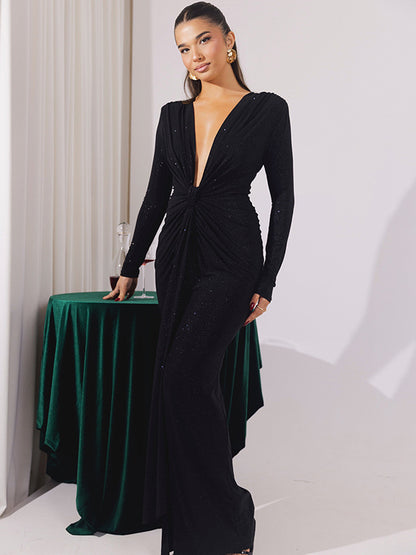 Deep V-neck sequin ribbon long dress Elegant long sleeve slit slim party dress