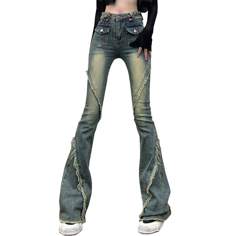 micro cropped denim, high-waisted stretch flared pants