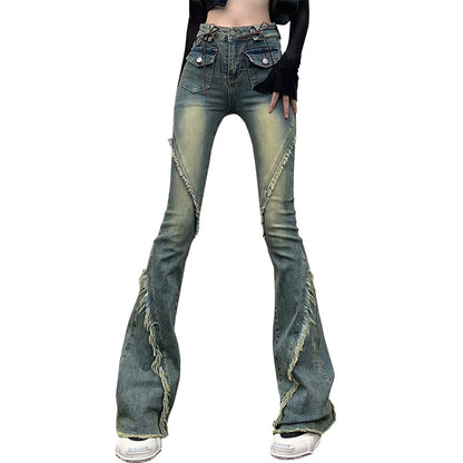 micro cropped denim, high-waisted stretch flared pants