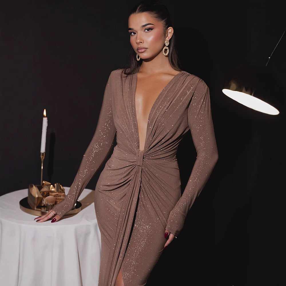 Deep V-neck sequin ribbon long dress Elegant long sleeve slit slim party dress