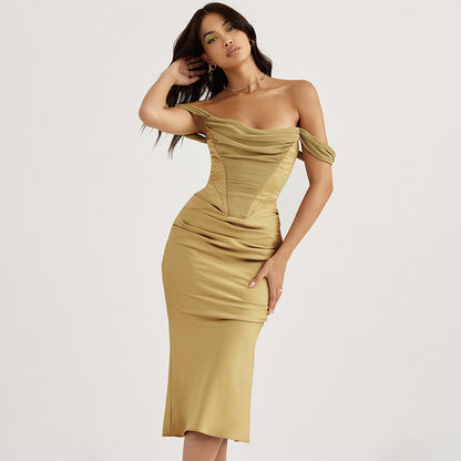 Women's new Sexy dress a line shoulder backless slim evening dress patchwork dress