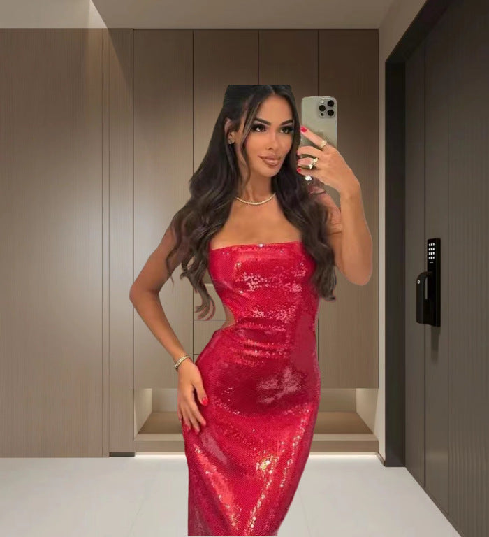 New women's fashion sleeveless sequin halter dress
