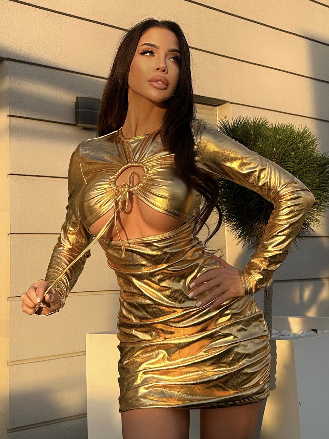 Spring summer dress solid color hollow slim pleated long sleeve waist dress