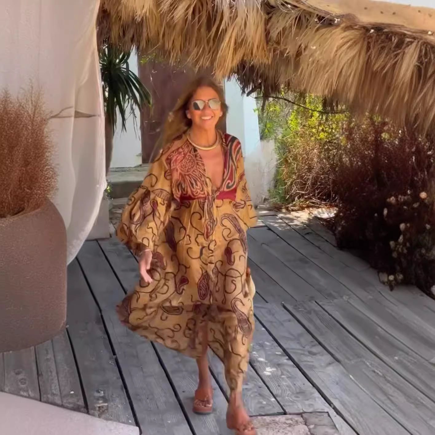 Summer new V-neck fashion print long-sleeved loose dress for women