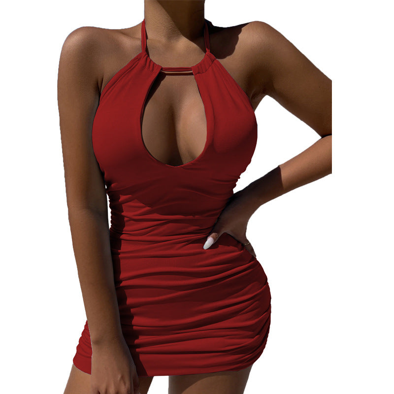 Summer new halter dress hollow pleated hip wrap skirt