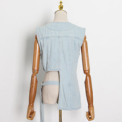 Spring new style niche sense crew-neck single-breasted design personality irregular wash light colored denim vest top