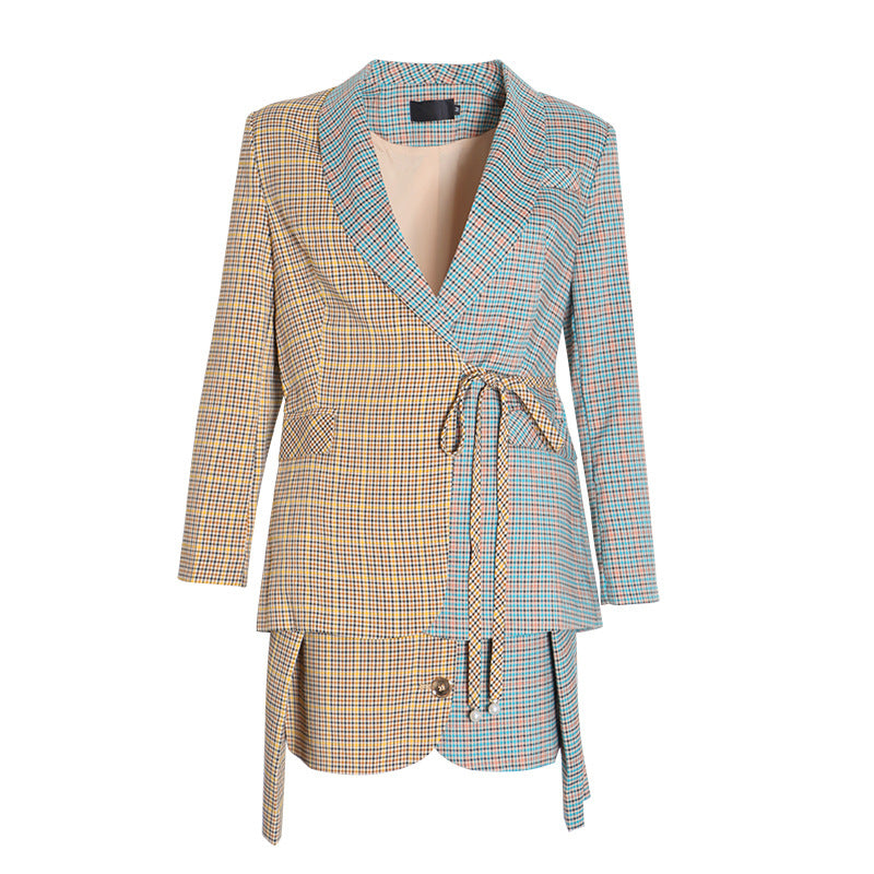 Women's new fashion age reduction color plaid lace-up small skirt casual women's suit