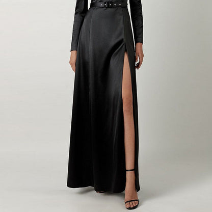 Satin square collar puffed sleeve black slit waist dress