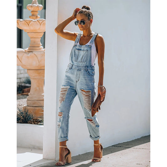 Cross-border European style women denim jumpsuit light color