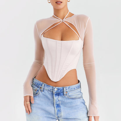 Dopamine wears a new mesh splicing hollowed-out waist long sleeve fishbone halter top