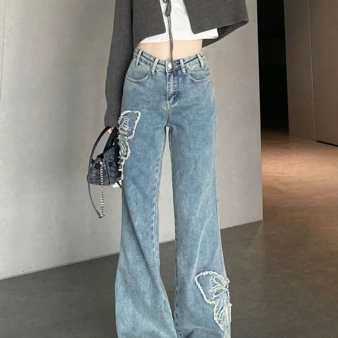 Vintage micro cut jeans women's spring summer embroidery butterfly high waist slimming straight leg pants