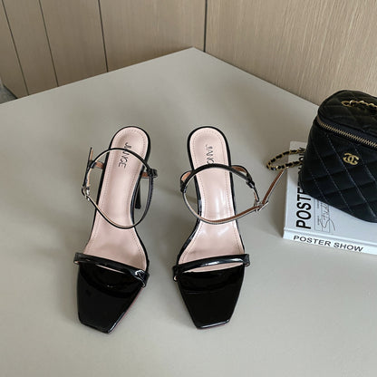 Style new fashion stiletto sandals sweet date one line buckle long square head high heels women's shoes