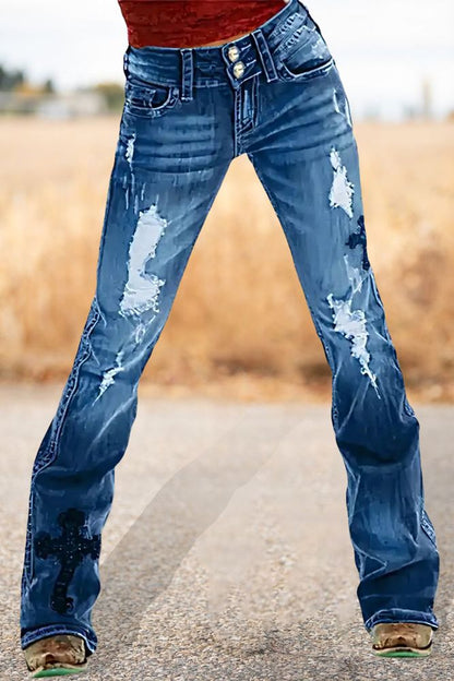 Rocker chick jeans Cross Embroidery Ripped Low Rise Bootcut Jeans