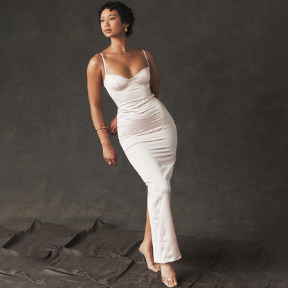 Sexy high-end women's color halter long dress slim slit elegant evening dress